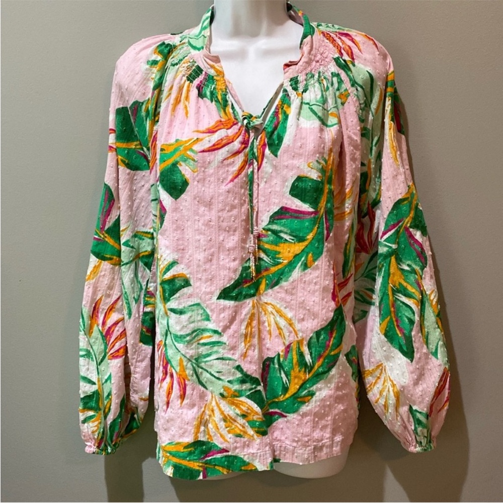 Crown & Ivy Floral Pink Palm Smocked Peasant Poplin Blouse Ladies Large